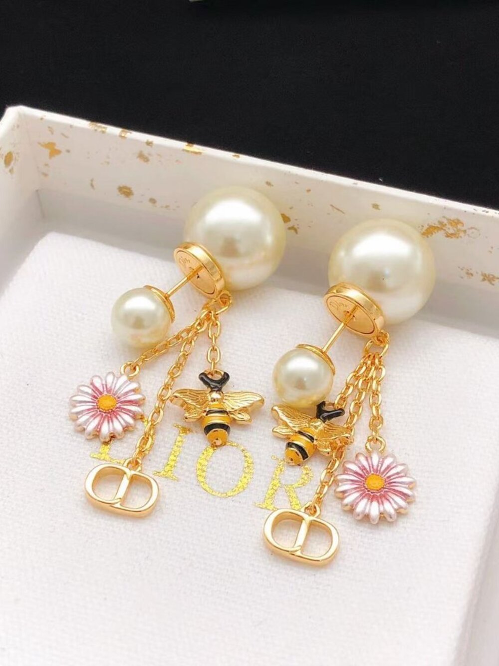 Dior Gold Tone Two‑Pearl Stud Drop Earrings